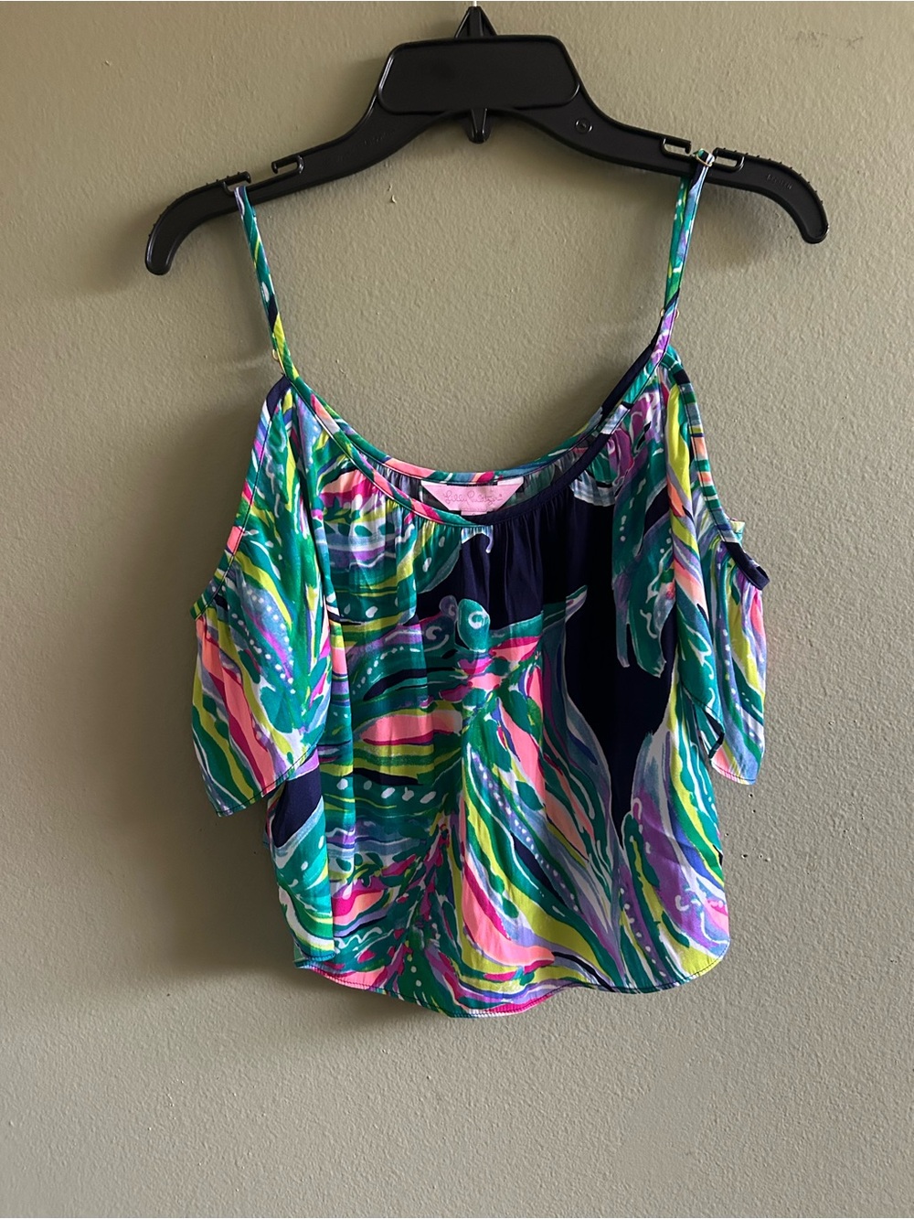 Lilly Pulitzer Tropical Cold-Shoulder Crop Top in Navy, Teal & Pink Sz 0